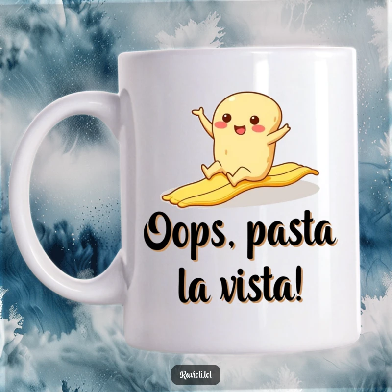 Funny ravioli character comically slipping on a banana peel, legs flying mid-air, a perfect hilarious gift.