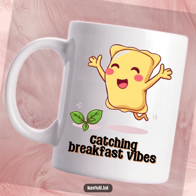 Funny ravioli joyfully chases a runaway basil leaf with arms wide open, pasta humor.