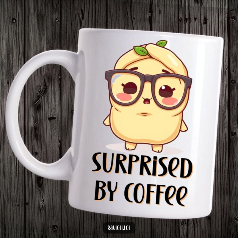 Funny ravioli character wearing tiny oversized glasses, with a comically surprised expression, on a mug.