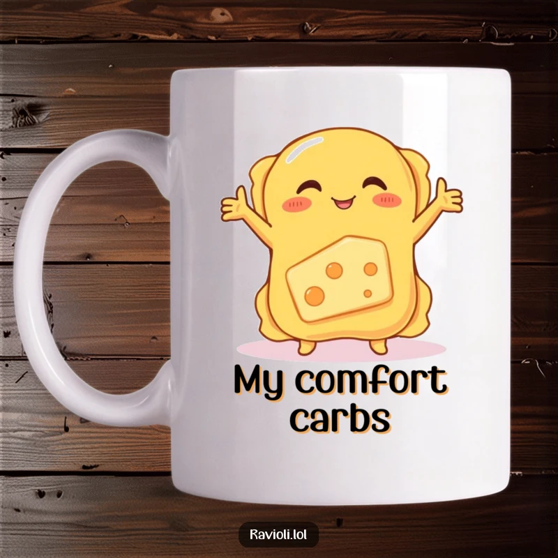 Funny mug showing a happy ravioli with outstretched arms hugging a blushing, shy piece of cheese, perfect for food lovers.