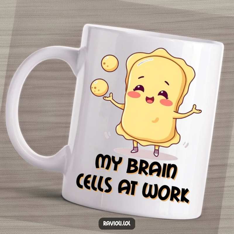 Funny ravioli character hilariously juggling three round cheese balls, showcasing a joyful and playful Italian food design.