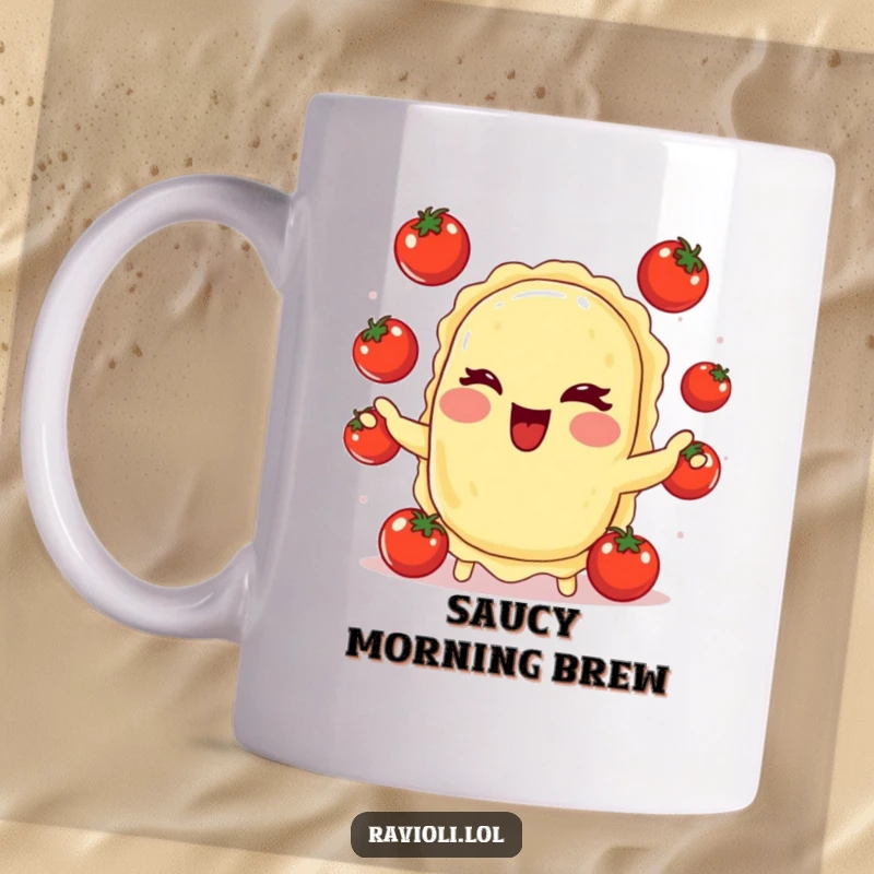 Funny ravioli character winking with a rosy cheek, skillfully juggling small red tomatoes, printed on a mug, food humor.