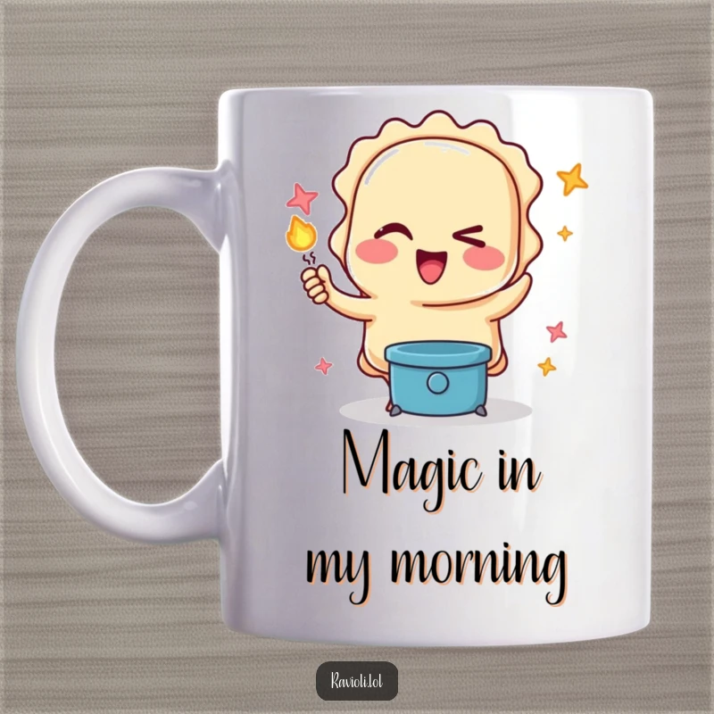Funny mug showing a ravioli character winking while performing a magic trick, symbolizing culinary fun and enchanting surprises.