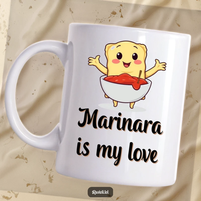 Funny mug depicting a ravioli character with open arms, lovingly embracing a bowl of rich marinara sauce, showcasing its passion for flavor.