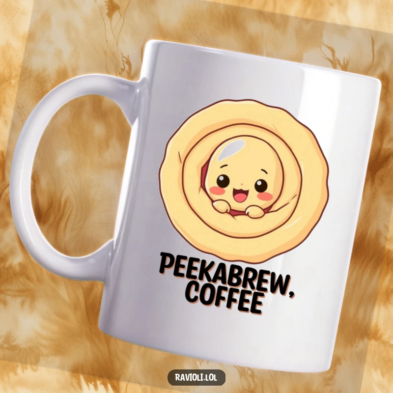 Funny ravioli character peeking playfully from behind a large swirl of dough, a cute and funny mug.
