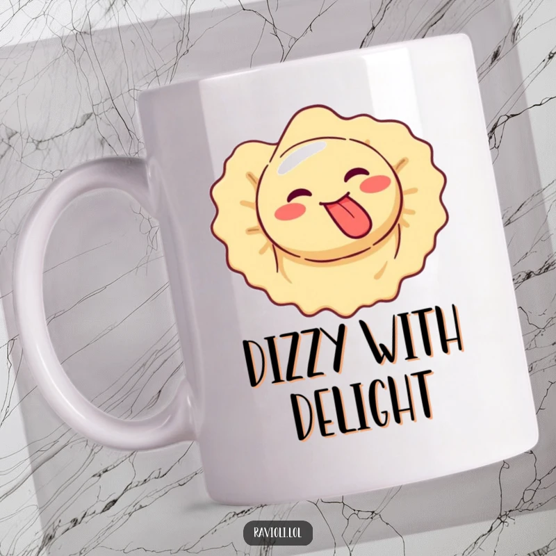 Funny ravioli makes a silly face, tongue out, while spinning, goofy pasta.