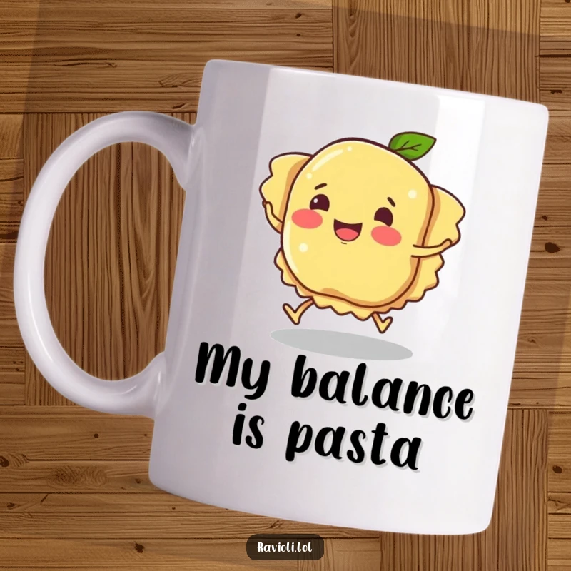 Funny ravioli character tripping comically, pasta friend falling with wide eyes and a silly grin, perfect funny gift mug.