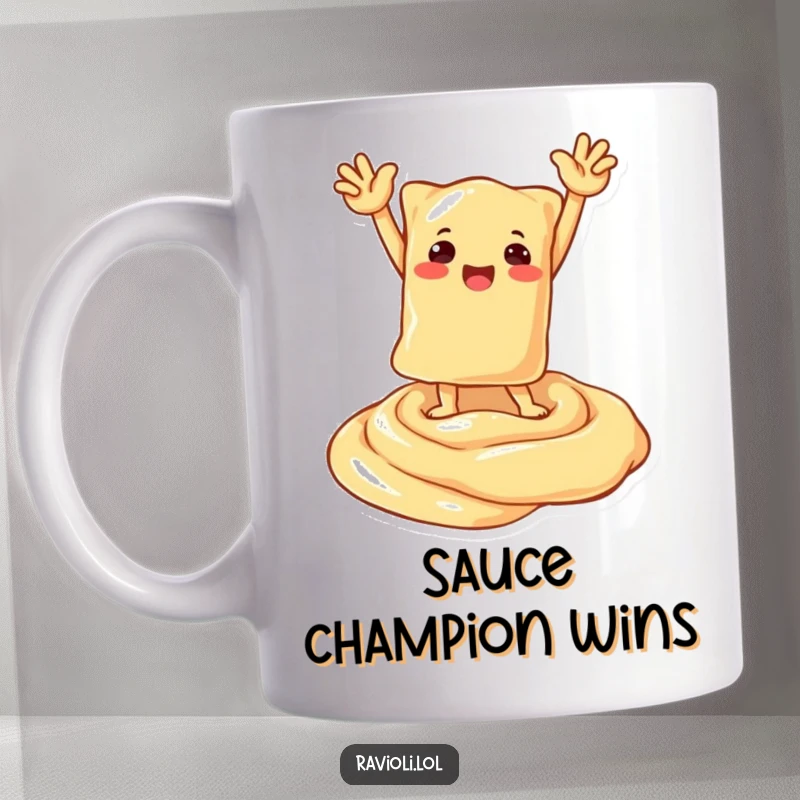 Funny mug showing a triumphant ravioli character striking a proud pose on top of a luxurious swirl of creamy sauce, a culinary champion.