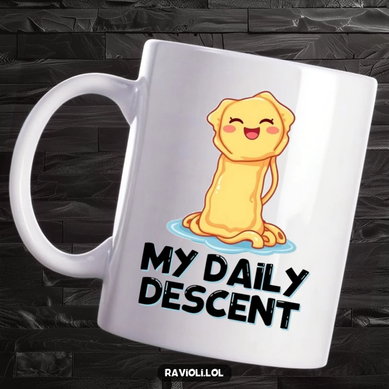 Funny ravioli character laughing while sliding down a spaghetti noodle like a waterslide, printed on a mug, food and fun.