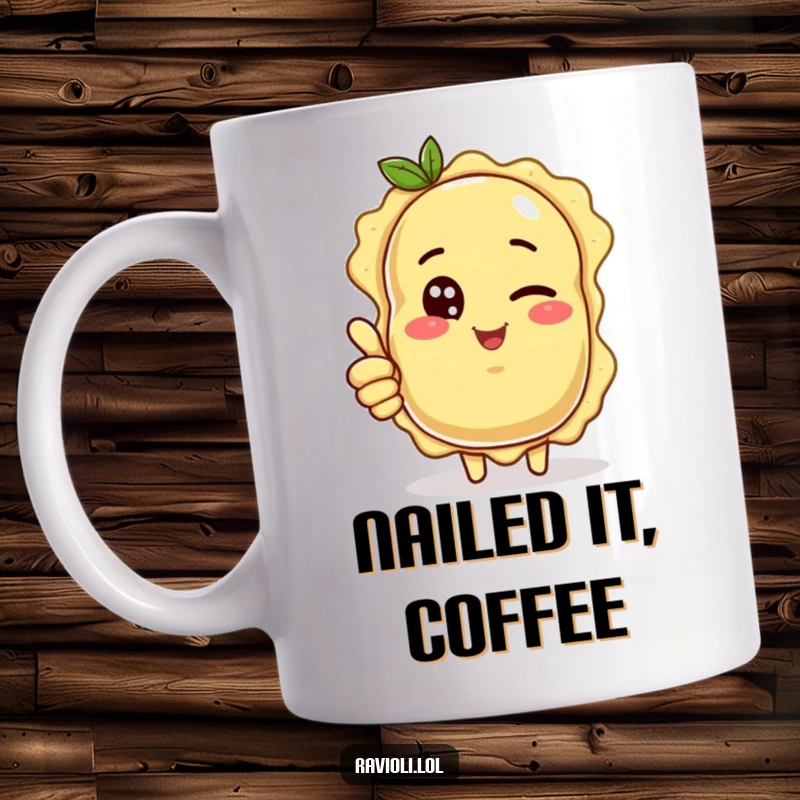 Funny ravioli character winking with one eye and giving a thumbs up, a positive and cheerful mug.