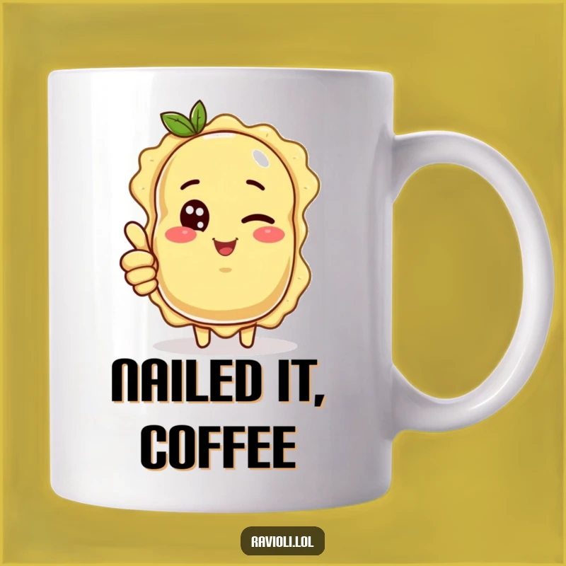 Funny Ravioli Wink Thumbs Up Mug: Cheerful Cartoon Character Gift