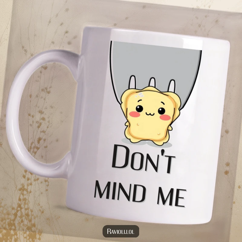 Funny shy ravioli peeking from behind a giant fork, illustrating bashfulness and a love for Italian food, great funny gift.