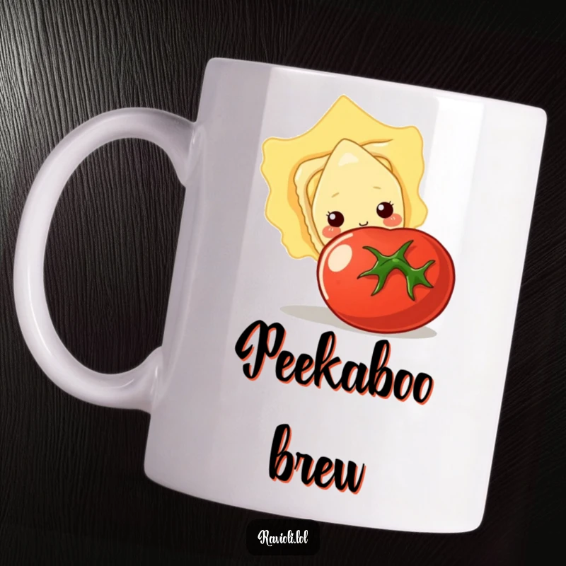 Funny mug showing a shy ravioli peeking cautiously from behind a large, ripe tomato, a cute and humorous scene.