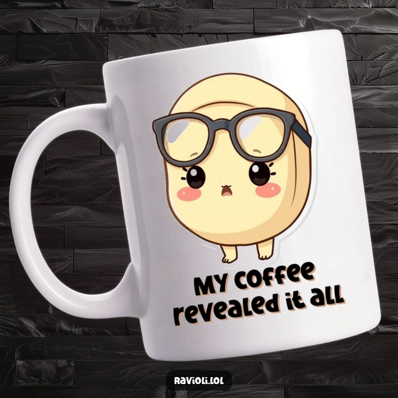 Funny surprised ravioli mug featuring a ravioli character wearing tiny oversized glasses, its eyes wide with shock.