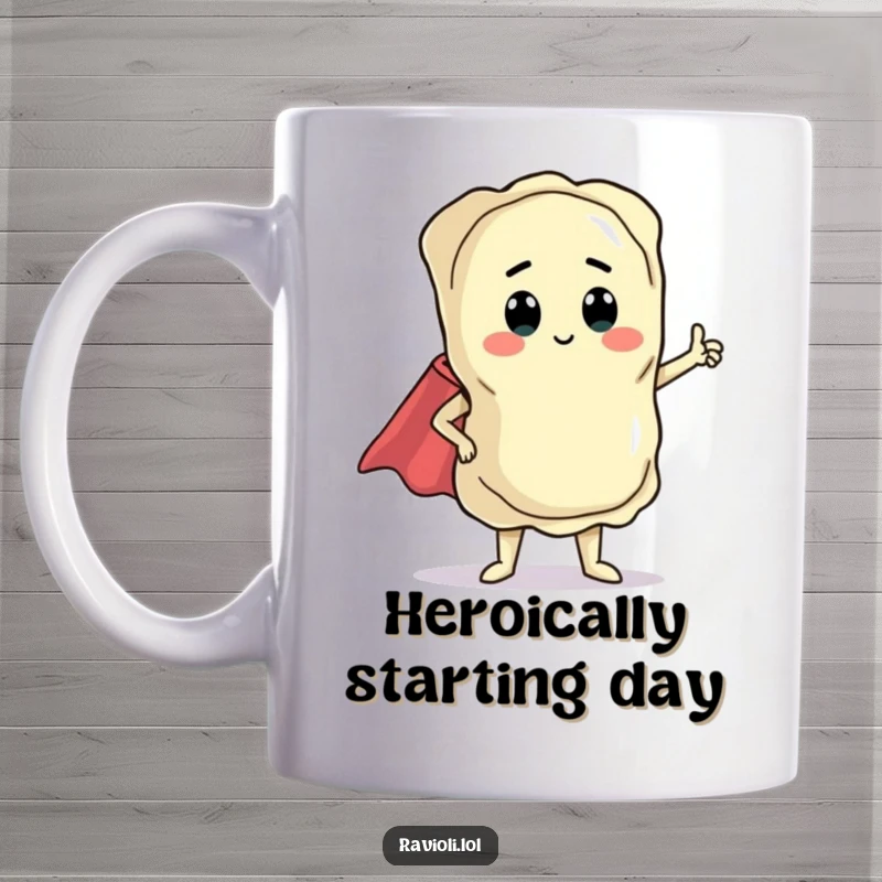 Funny ravioli character in a dramatic pose with a tiny cape, featured on a mug, ideal for pasta and superhero fans.