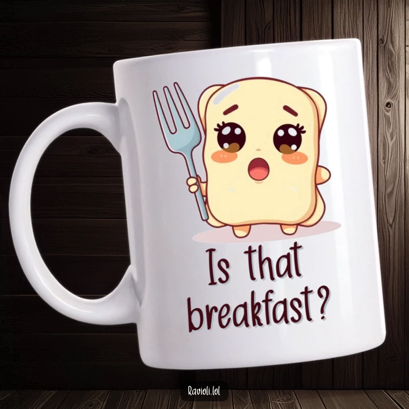 Funny ravioli character with wide surprised eyes holding a giant fork, pasta shock, perfect funny gift mug.