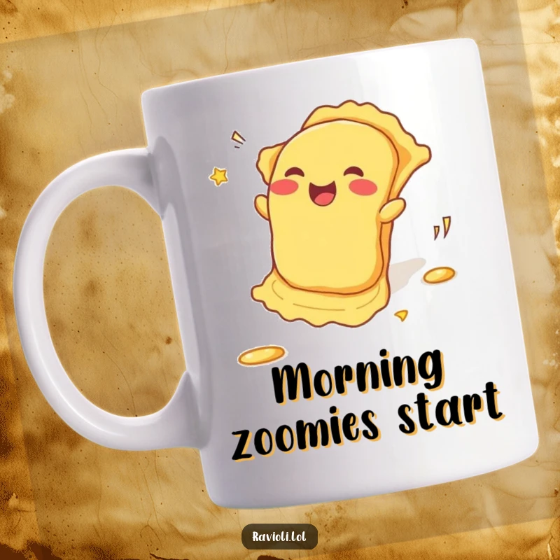 Funny Mug: A ravioli gleefully rolls downhill, leaving a trail of giggles, embodying pure, unadulterated pasta joy.