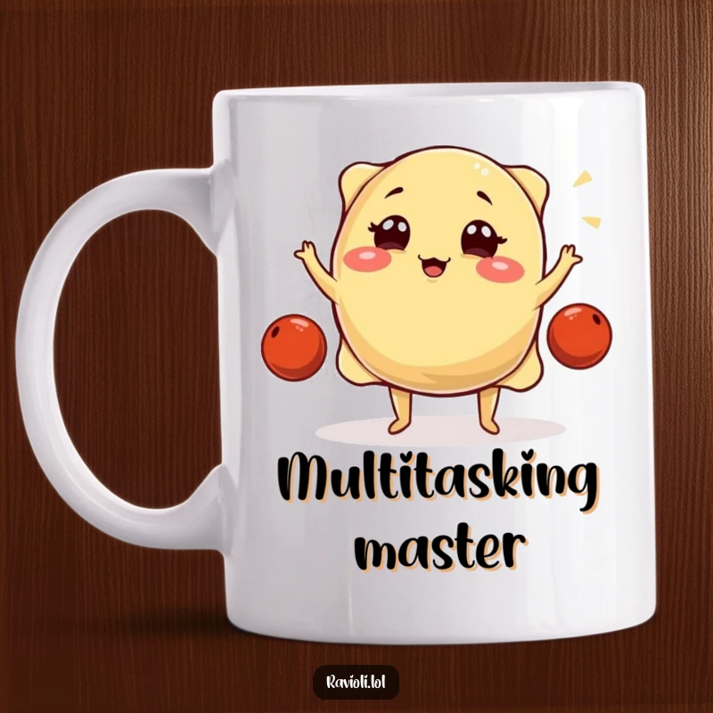 Funny, plump ravioli character winks while skillfully juggling three small meatballs on a coffee mug, a delightful and humorous present.