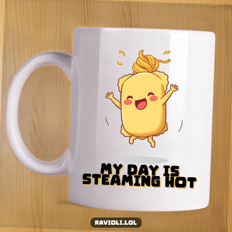 Funny cartwheeling ravioli mug featuring a ravioli character performing a joyful cartwheel, with playful pasta steam swirling.