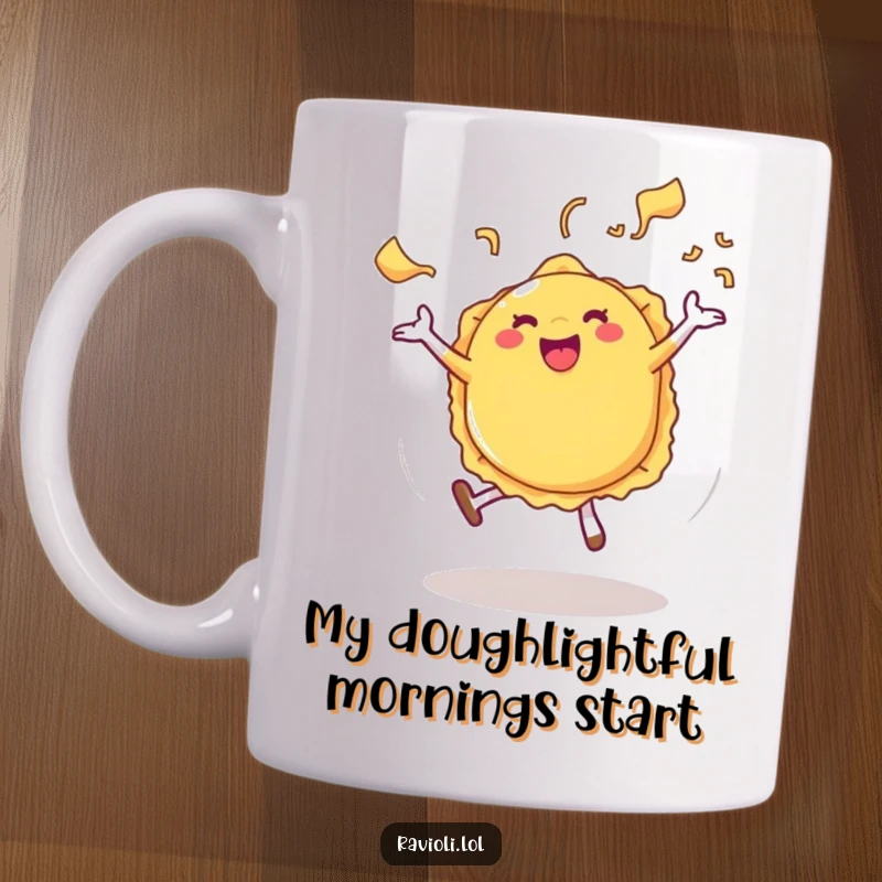 Funny Ravioli Mug showing a joyful ravioli character doing a cartwheel with pasta steam, celebrating food humor.