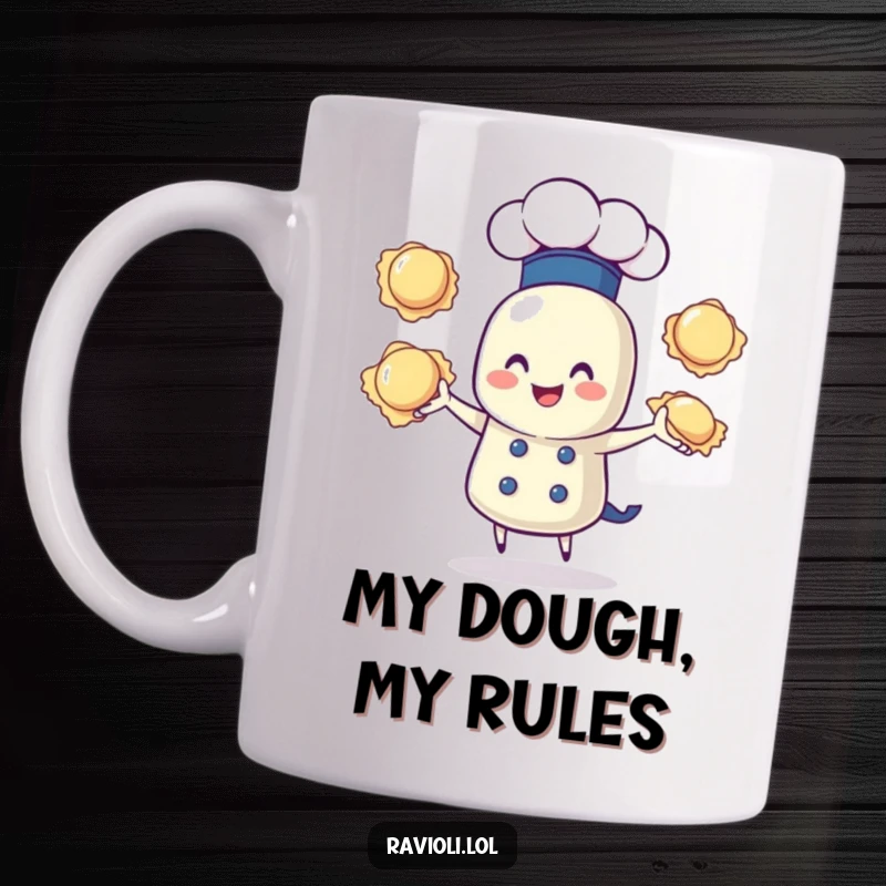 Funny mug showing a ravioli character in a chef hat happily juggling three ravioli, embracing the joy of Italian cuisine.