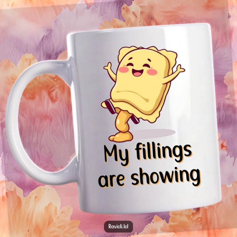 Funny giggling ravioli character doing a cartwheel with filling spilling slightly, a hilarious mug for foodies, perfect gift.