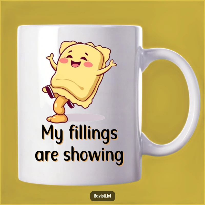 Funny Ravioli Cartwheel Mug: Giggling Pasta Pal Character Gift, Fun!