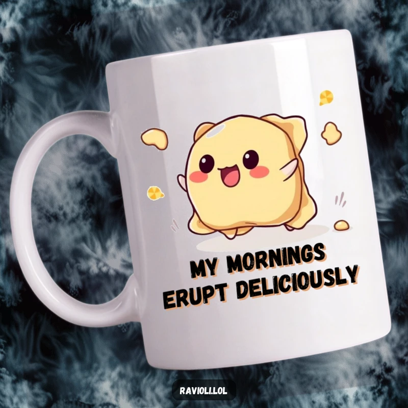 Funny tripping ravioli mug showing a ravioli character tumbling, its filling joyfully flying out in a comical spill.