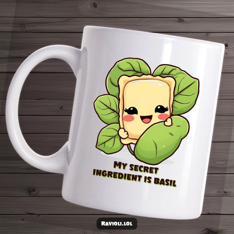 Funny mug with a grinning ravioli character peeking playfully from behind a large, vibrant basil leaf, showcasing its mischievous side.