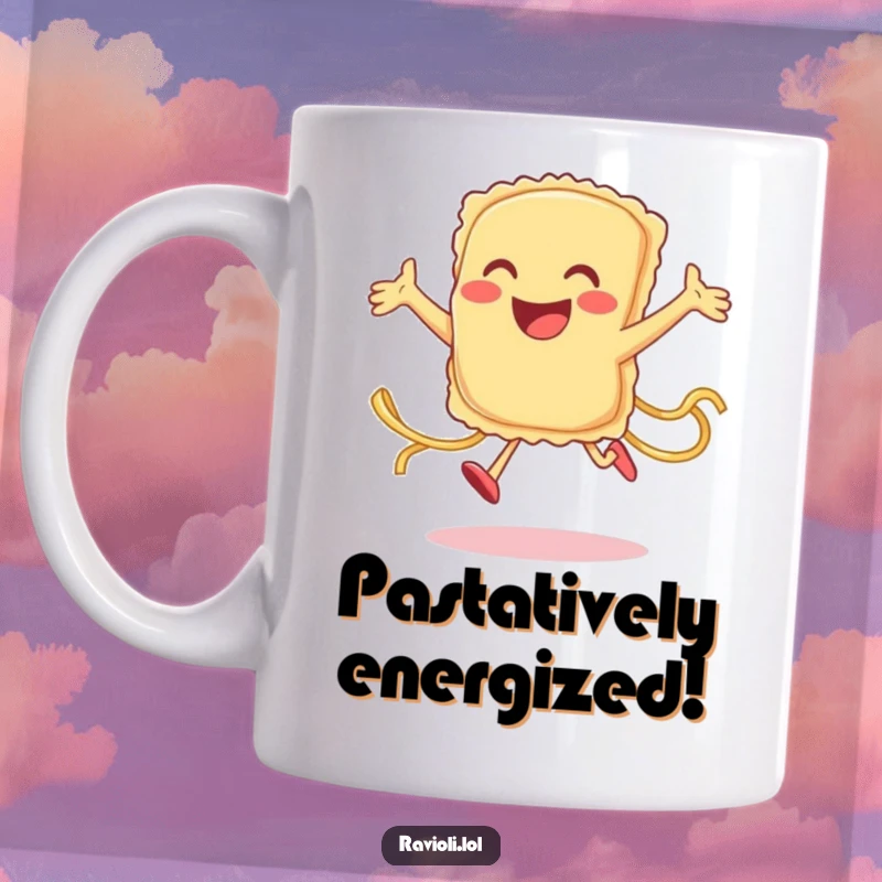 Funny smiling ravioli character jumping joyfully with pasta strands trailing, a hilarious mug for pasta lovers, perfect gift.