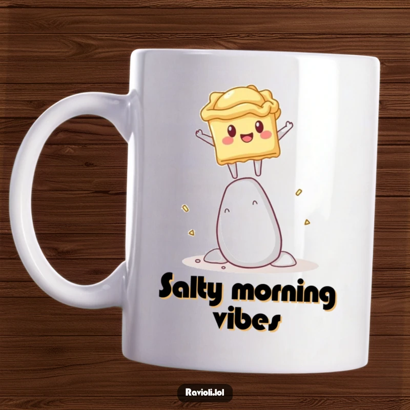 Funny mug showing a ravioli character wobbling on a giant salt shaker, capturing a moment of comedic peril.