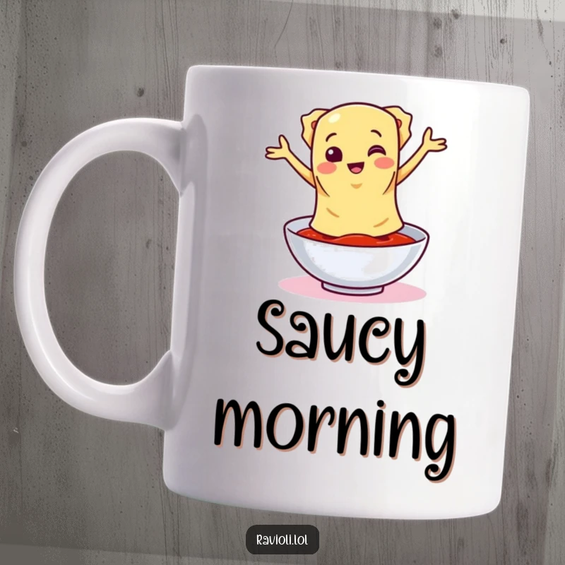 Funny ravioli character energetically doing a silly dance around a bowl of delicious red sauce on a coffee mug.
