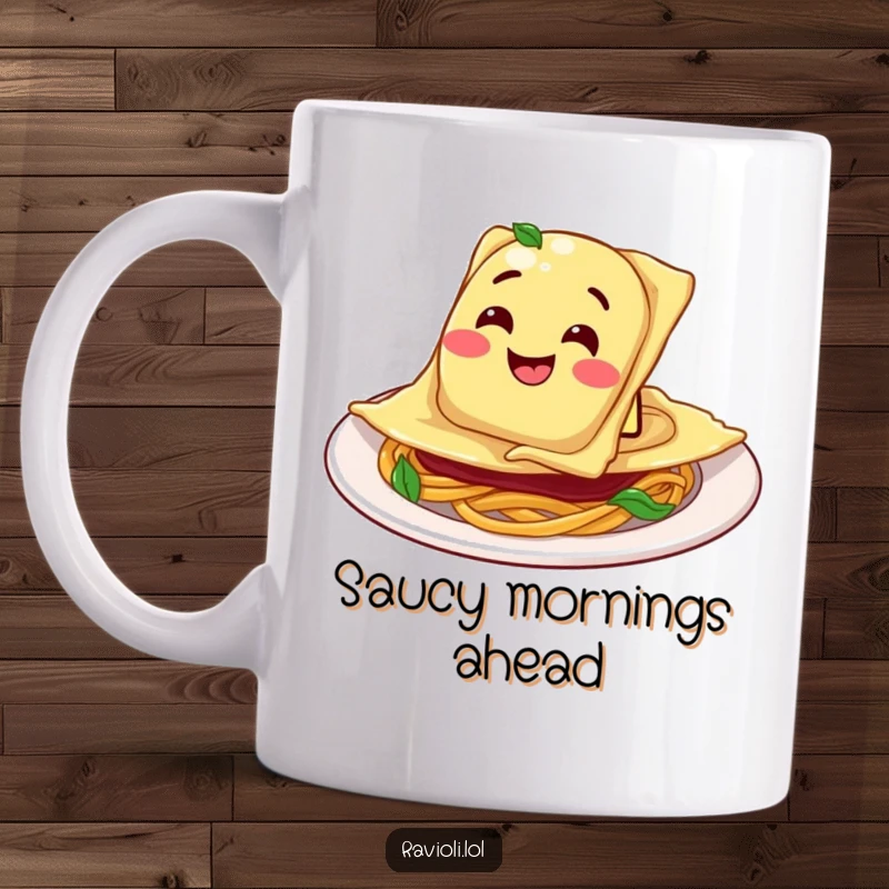 Funny Ravioli Plate Mug: A ravioli character hilariously sliding into a plate with a goofy grin, celebrating pasta.