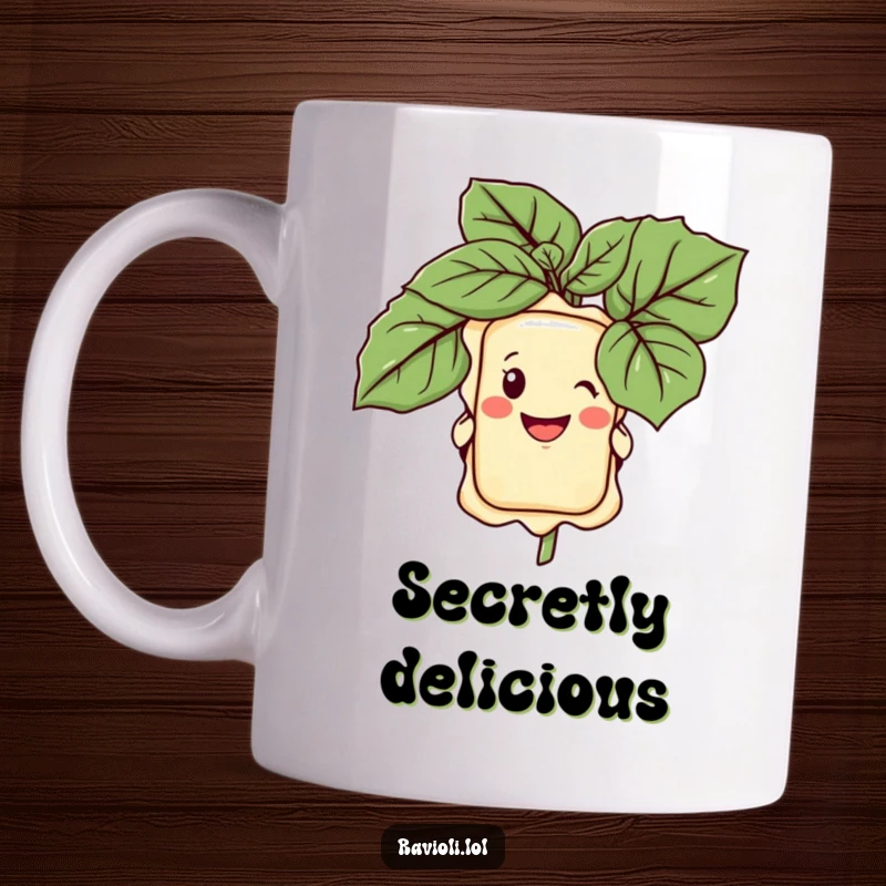 Funny mug illustration of a grinning ravioli character peeking mischievously from behind a large, vibrant basil leaf, full of flavor.