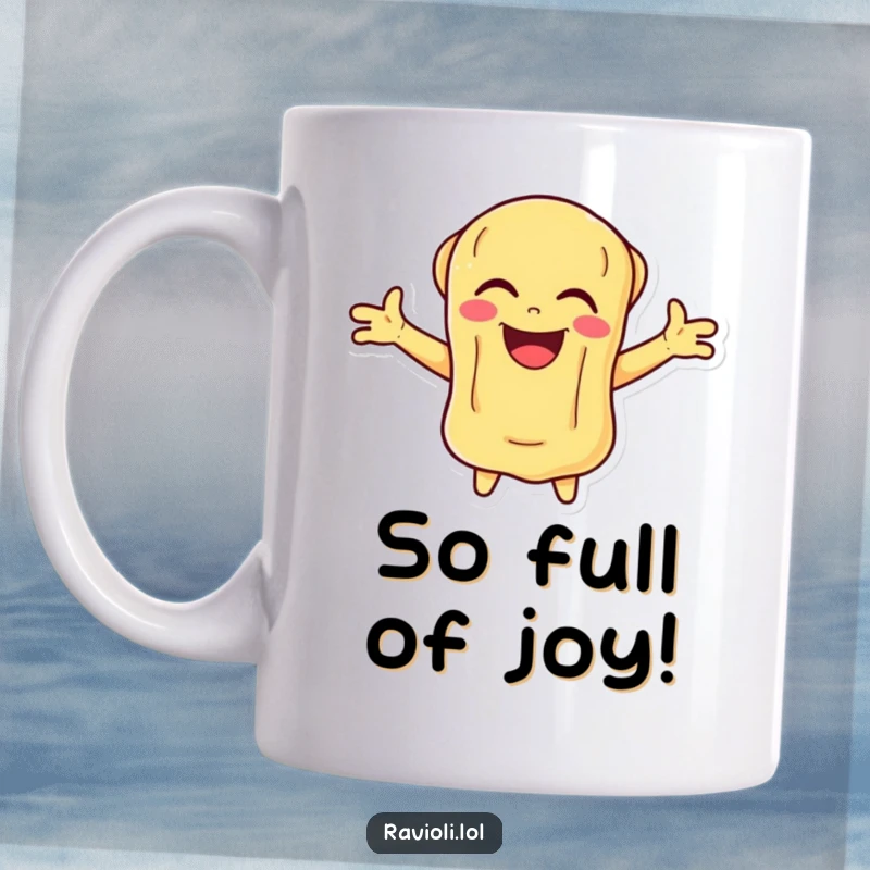 Funny Ravioli Mug featuring a pasta character with arms outstretched, laughing heartily with a joyful, vibrant expression.