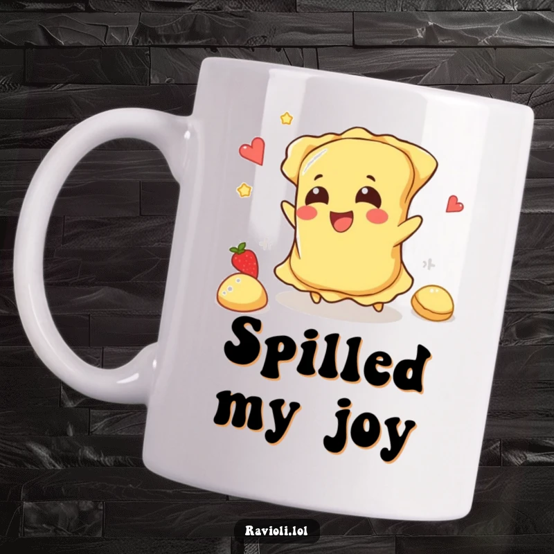 Funny ravioli character mid-trip, with filling happily flying everywhere, captured on a humorous mug.