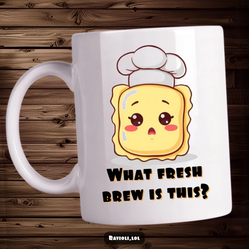 Funny ravioli character wearing a tiny chef hat, looking comically surprised, captured on a mug, embodying delightful culinary shock.