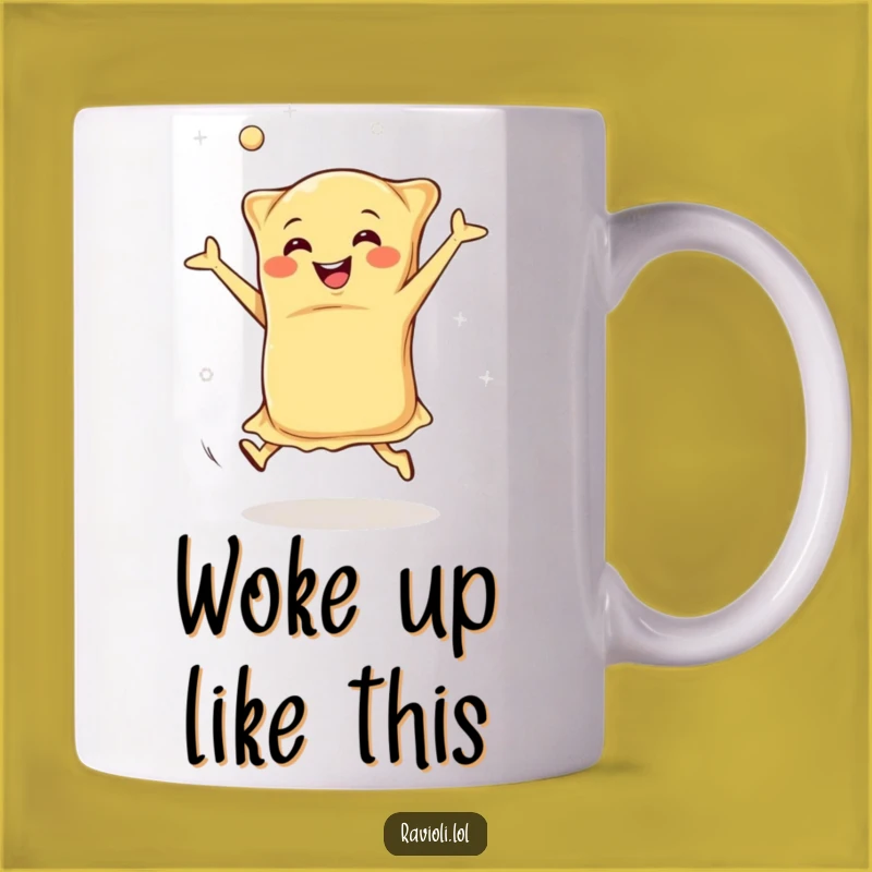 Funny Happy Ravioli Mug: Energetic Italian Food Character Cartwheeling, Joyful Humorous Gift