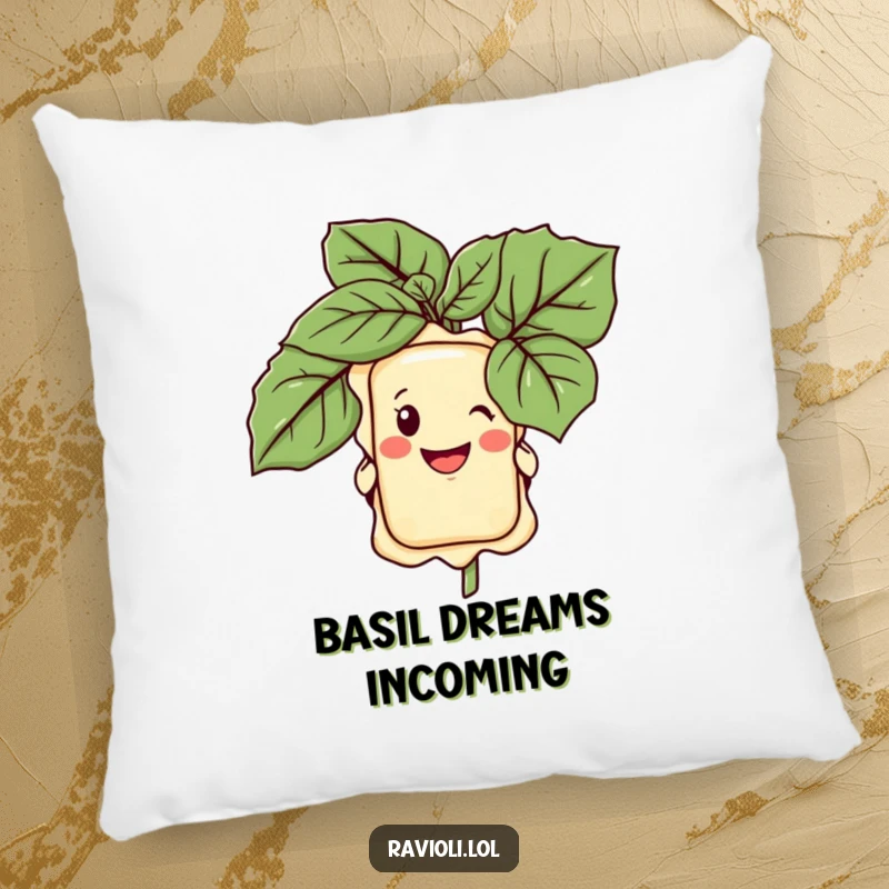 Funny pillow with a grinning ravioli character peeking from behind a giant basil leaf, adding a touch of playful decor.