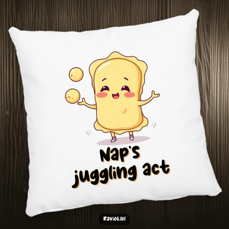 Funny ravioli character mid-juggle with three cheese balls, printed on a soft pillow for humorous home decor.