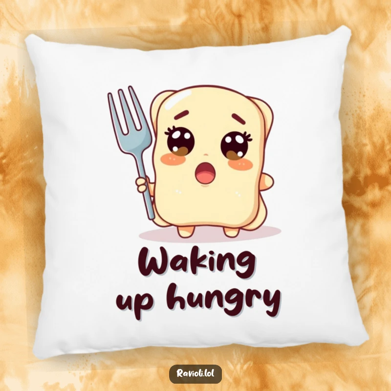Funny ravioli character with wide surprised eyes holding a giant fork, a soft pillow with pasta shock humor, perfect funny gift.