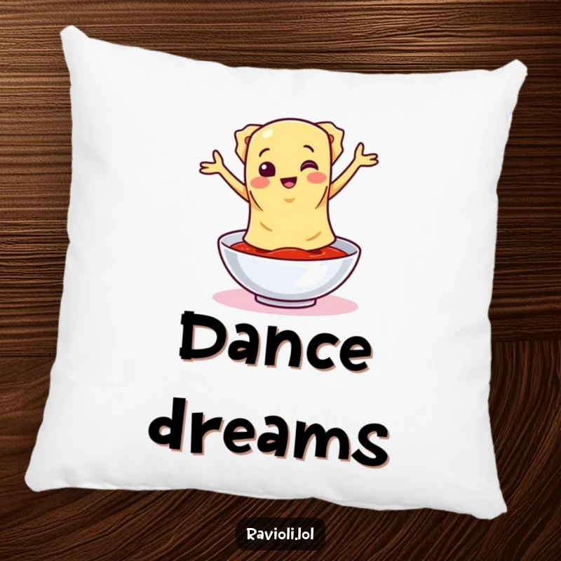 A soft, plush pillow featuring a funny ravioli character in a silly dance around a bowl of sauce, perfect for adding cheer.