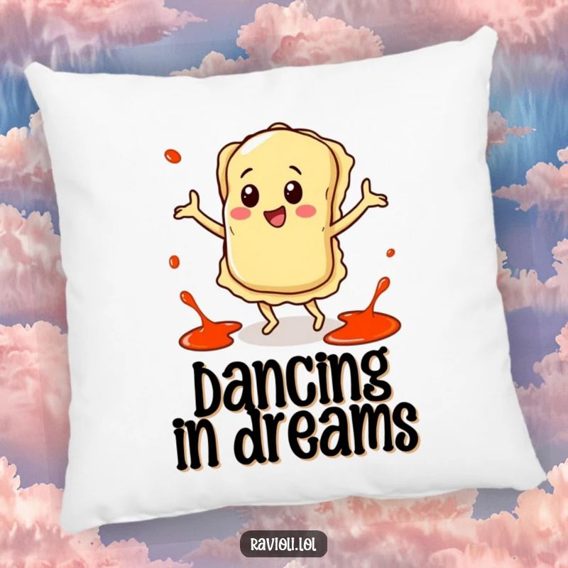 Funny pillow with a happy ravioli character dancing with sauce splatters around it, offering comfort and a festive vibe.