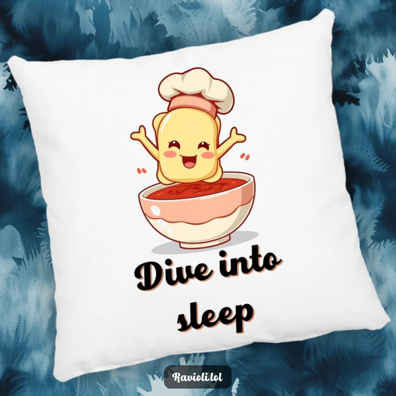 A ravioli wearing a tiny chef hat leaping into a bowl of sauce on a plush pillow, a humorous and cuddly item.