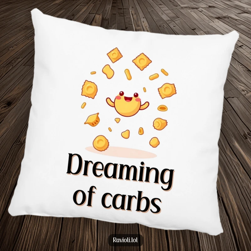 Soft funny ravioli character juggling tiny pasta shapes, designed for a comfortable and humorous pillow, adding cheer to any room.