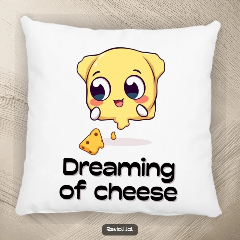 Funny pillow featuring a ravioli character with wide eyes attempting to catch falling cheese, offering comfort and a touch of humor.