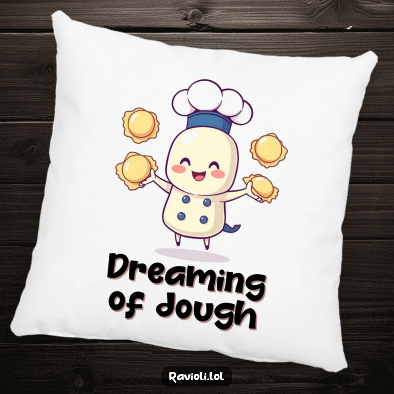Funny pillow featuring a ravioli character in a chef hat, playfully juggling three ravioli, offering comfort and humor.