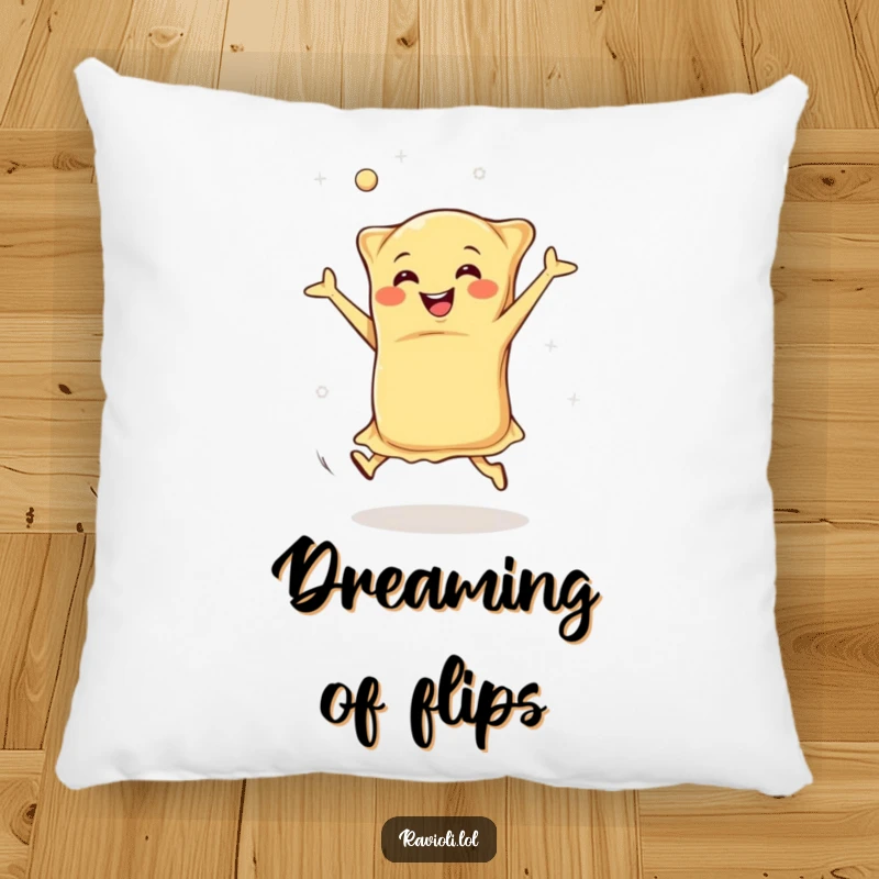 Funny happy ravioli cartwheeling with dough flying, soft pillow featuring a joyful Italian pasta character, ideal funny home decor.