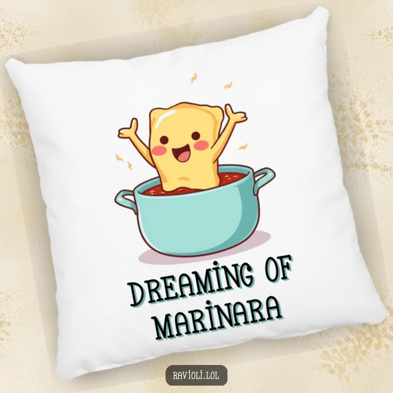 Funny pillow showcasing a happy ravioli character taking a delightful dive into a saucy pot, offering comfort and humor.