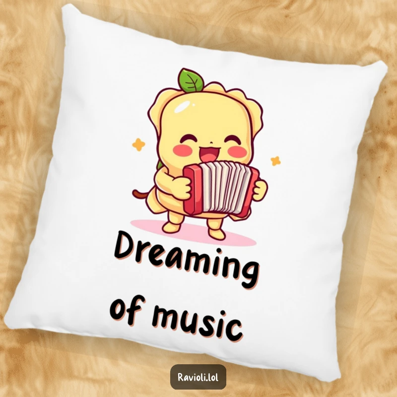 Funny pillow with a ravioli character playing a diminutive accordion with great zeal, a soft musical companion.